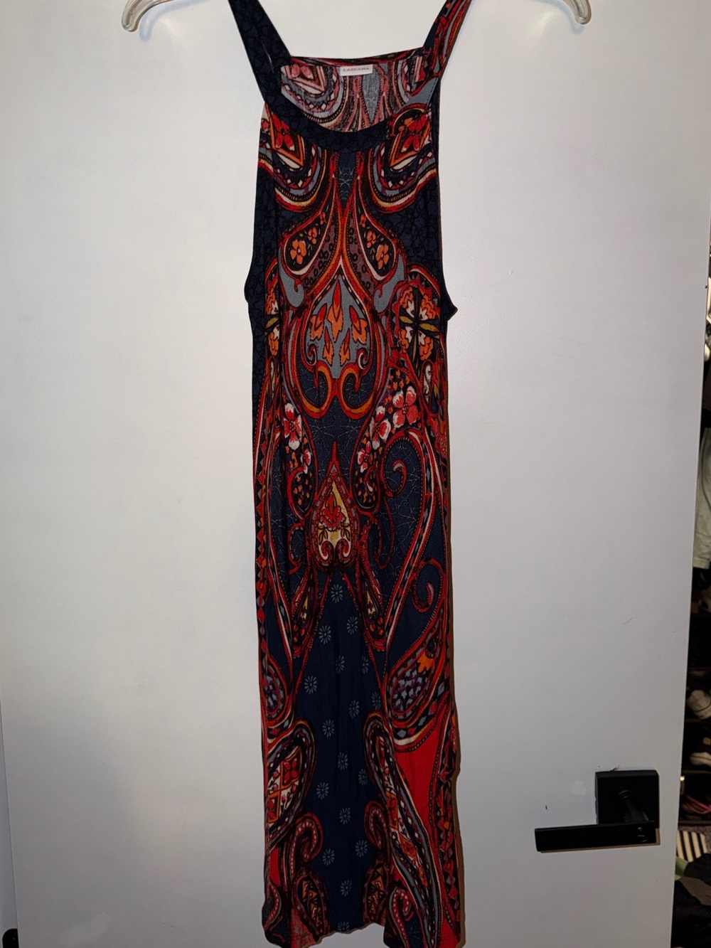 Sleeveless Navy and Red Paisley Maxi Dress with Scoop Neck